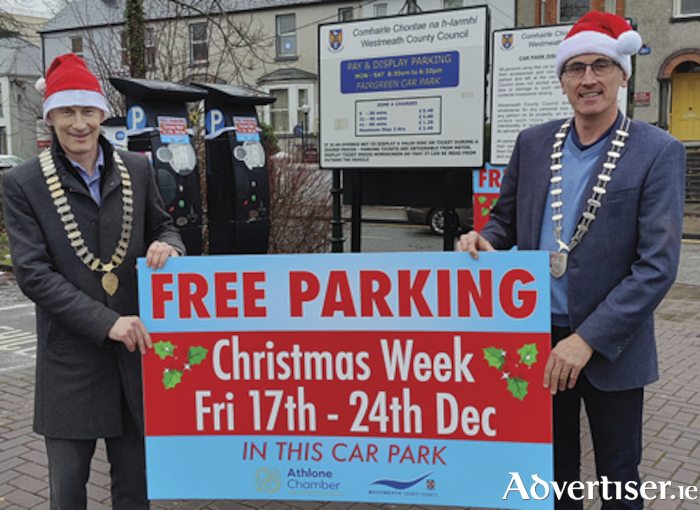Pictured promoting the free parking in Council car parks this festive season are Athlone Chamber of Commerce President, Alan Shaw and Athlone Deputy Mayor, Cllr Aengus O’Rourke
