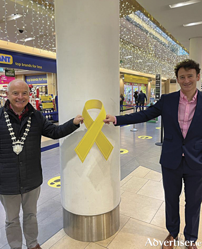 Westmeath County Council Cathaoirleach, Cllr Frankie Keena is pictured with Philip McGorisk of McGorisk Pharmacy following the launch of the Athlone Rotary Club ‘Tree of Remembrance’ fundraising initiative
