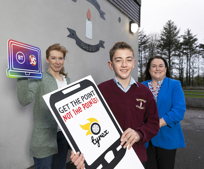 Teacher Anne Mulkeen and Maria Byrne, deputy principal, with student Cian Mangan, St Colman's College, Claremorris, who will was showcasing his project 'Tyrex' at the 58th BT Young Scientist & Technology Exhibition this week. Photo: Fennell Photography 2022. 