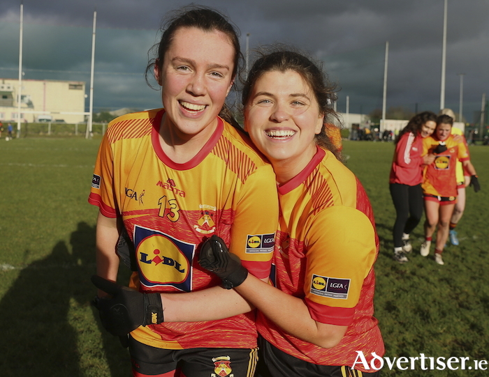 Celebration time: Niamh Hughes and Laura Brody celebrate after Castlebar Mitchels win in the currentaccount.ie All Ireland Intermediate Championship semi-final. Photo: Sportsfile 
