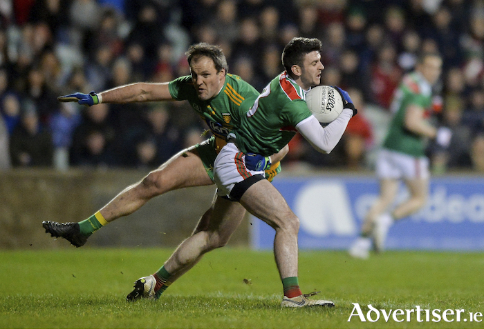 Nice to meet you: Brendan Harrison looks to escape the clutches of Michael Murphy in the last league meeting between Mayo and Donegal in January 2020. Photo: Sportsfile. 