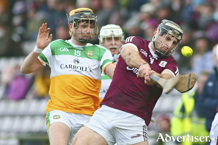 Galway's Jack Hastings and Offaly's Adrian Cleary in action from the Allianz National Hurling League division one game in Pearse Stadium on Sunday.
 Photo:-Mike Shughnessy