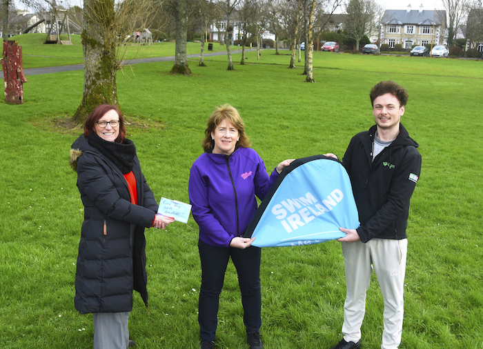 Mary Dunne, Swim Ireland and Mags Downey Martin, Ballina Chamber, present a cheque to Ryan Cawley, Flow Community Project in support of Ballina Sensory Garden following on from the River Moy Swim held in August 2021. Photo: John O'Grady.