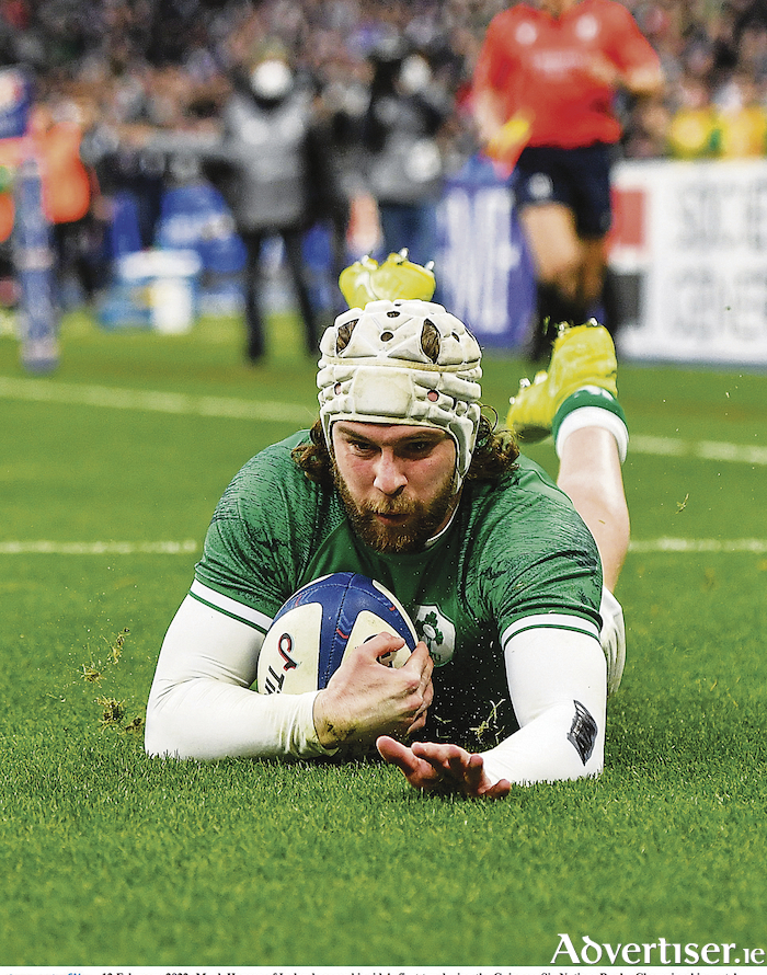 Laid back and relaxed: Connacht's Mack Hansen scores Ireland's first try during the Guinness Six Nations Rugby Championship match against France.  Photo by Seb Daly/Sportsfile