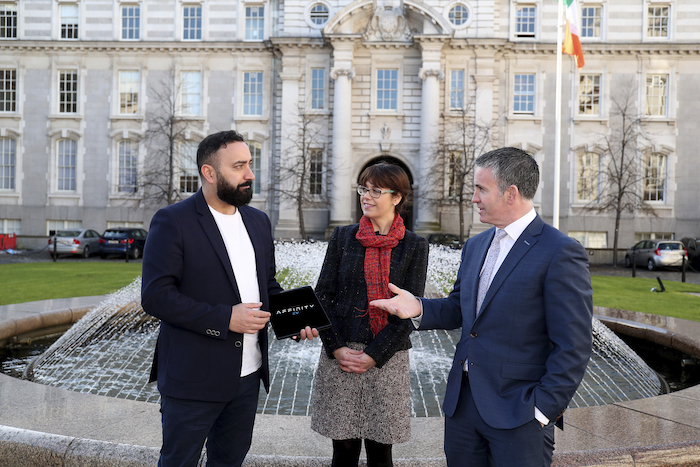Pictured are Raj Lyons Chohan, CEO and Co-founder of automotive tech start-up EV Energy; Jenny Melia, Manager of Enterprise Ireland’s High Potential Start-Up (HPSU) Division; and Damien English TD, Minister for Business, Employment and Retail. Photo: Maxwells.