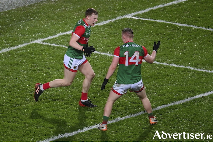 Getting it done: Aiden Orme and Ryan O'Donoghue celebrate after Mayo's second goal. Photo: Sportsfile 