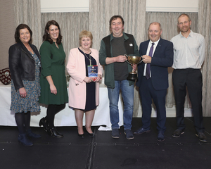 Cross Country Club of the Year:  Brendan Chambers presenting the Cross Country Club of the Year Cup to Philip Finnerty, Moy Valley Athletic Club.  Included in photo from left to right are:  Gerri Joyce, (Treasurer), Sheila Hughes (Secretary), Marion Mattimoe (PRO) and Peter Hynes (Chairperson, Mayo Athletic County Board). Photo: Michael Donnelly. 