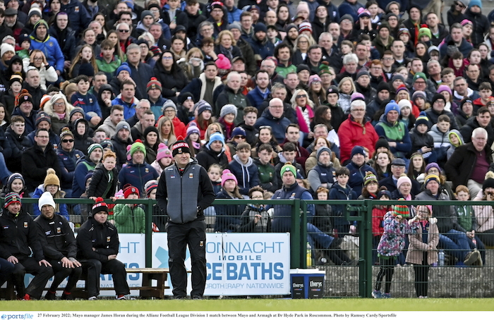 Watching over his shoulder: Mayo manager James Horan takes in the action on the sideline last Sunday. Photo: Sportsfile 