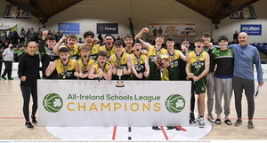 Champions: Gortnor Abbey players and staff celebrate after their side&#039;s victory in the Basketball Ireland U19B Boys Schools League Final at the National Basketball Arena in Dublin. Photo: Sportsfile.