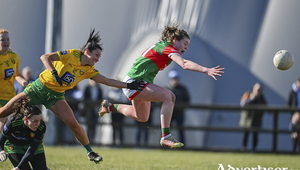 Sinead Walsh of Mayo scores her side&#039;s first goal despite the efforts of Shelly Twohig of Donegal, left, and Donegal goalkeeper Roisin McCafferty during the Lidl Ladies Football National League Division Division 1A, Round 3 match between Mayo and Donegal at Connacht GAA Centre of Excellence in Bekan, Mayo. Photo: Sam Barnes/Sportsfile 