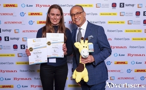 Young Galway entrepreneur Chloe Gardiner with Dragon&rsquo;s Den star Theo Paphitis.