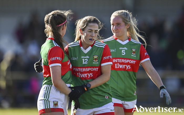 Up for the challenge: Saoirse Lally, Sarah Mulvihill and Ciara Needham celebrate after Mayo's win over Donegal last weekend. Photo: Sportsfile 