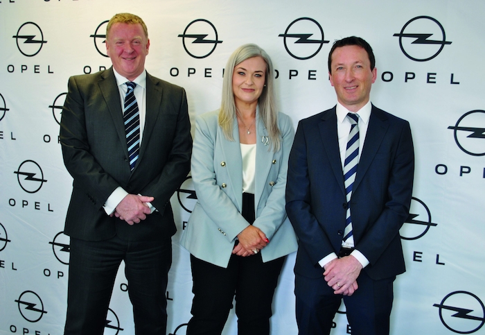 Pictured (L-R): James Brooks, managing director, Leeson Motors, Opel Importer in Ireland; Alexis Moore, head of retail network development, Leeson Motors; and Liam Rochford, dealer principal at Rochford Motors.