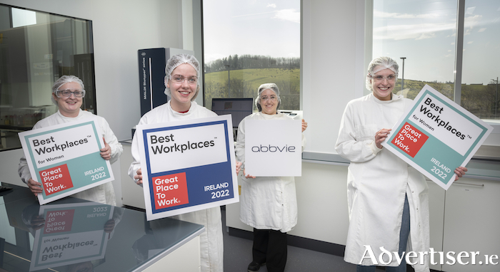 Employees from AbbVie’s manufacturing facility in Westport are pictured celebrating the company being recognised as one of Ireland’s best workplaces. Pictured are: Stella Naughton, Stephanie O Hara, Louise Casey and Megan McCabe.