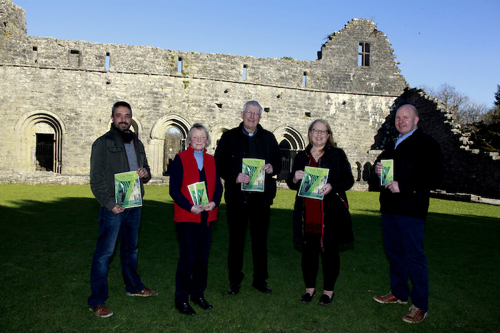 Cong Abbey Conference Launch by members of the organising subcommittee on the grounds of the abbey. L to R: Benjamin Thébaudeau, Brigid Clesham, Fr Stephen Farragher, Marian McHugh and Jerome Varley