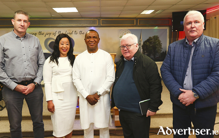 Attending the opening of the Faith Christian Fellowship Ministry Family Focus Community Outreach Centre on Saturday were (l-r) Garda Michael Walsh crime prevention officer, Pastors Gloria and Larry Ovie, Ivan McPhilips ATU guest speaker and Donal Lynch community worker. Photo:- Mike Shaughnessy