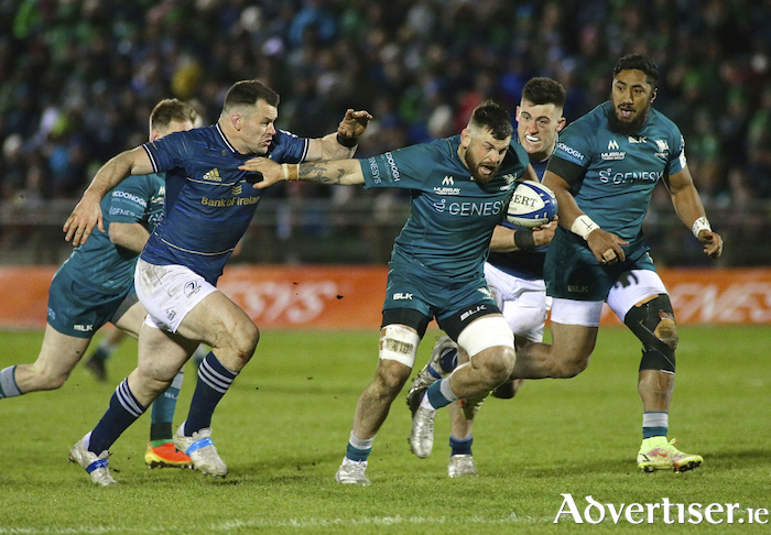 Connacht’s Conor Oliver, supported by Bundee Ak on the charge against Leinster in the Heineken Champions Cup round of 16 first leg at the Sportsground.
