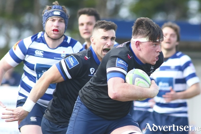 Galway Corinthian's Malachy Gavin carries the ball before offloading to Josh Rowland who went on to score a try against Blackrock College in the Energia All Ireland League game at Corinthian Park, Cloonacuneen on Saturday. 
                                                                                                                                                     Photo:- Mike Shaughnessy