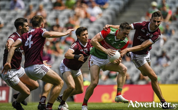 The tribe is coming: Matthew Ruane is surrounded by Galway players in last year's Connacht final in Croke Park. Photo: Sportsfile. 