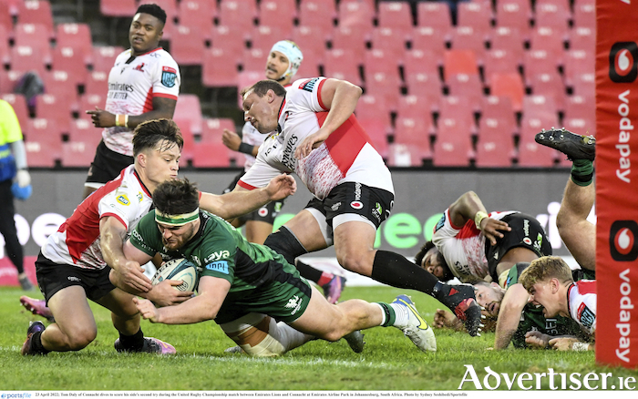 Tom Daly has the power and strength to score a valuable try in Connacht's win over  Emirates Lions at Emirates Airline Park in Johannesburg, South Africa. 
Photo: Sydney Seshibedi/Sportsfile