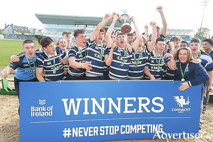 Corinthians team celebrate winning the Connacht Rugby Bank of Ireland U18 Cup final at the Sportsground on Sunday after defeating Ballina. Photo:- Mike Shaughnessy