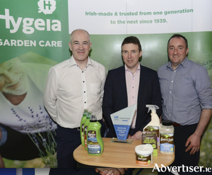 Declan Fuller (Hygeia head of sales), John Byrne (Hygeia CEO) and Liam Maloney (Hygeia sales team) with the Innovation Award 2022 for Best Garden Care Product for Nature Safe at City West on Sunday April 24.. 
