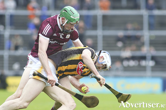 Galway's Ciaran Fahy tries to dispossess Kilkenny's Huw Lawlor in the Leinster GAA Hurling Senior Championship round three clash at Pearse Stadium on Sunday. 
Photo:-Mike Saughnessy