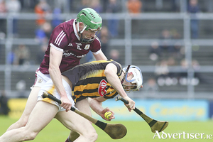 Galway&#039;s Ciaran Fahy tries to dispossess Kilkenny&#039;s Huw Lawlor in the Leinster GAA Hurling Senior Championship round three clash at Pearse Stadium on Sunday. 
Photo:-Mike Saughnessy