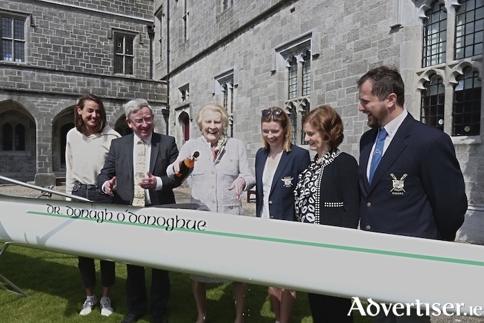 At NUI Galway boat christening ceremony were: (l-r) 2021 Olympic bronze medallist Fiona Murtagh, NUIG President Ciarán Ó hÓgartaigh, Marcia O'Donoghue, 2020 European Championship gold medallist Cliodhna Nolan, Olive Byrne O'Dea, and NUI Galway rowing coach, Ciro Prisco.