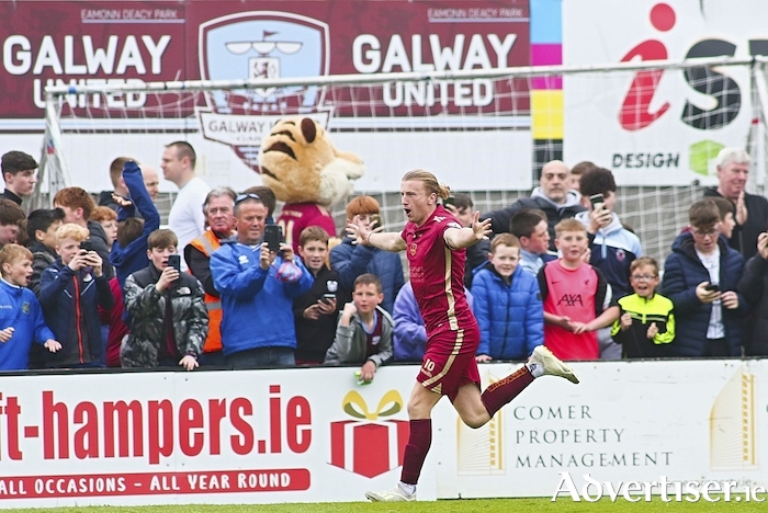 David Hurley celebrates at Eamonn Deacy Park on Monday after scoring for Galway United against Longford Town. Photo:-Mike Shaughnessy.