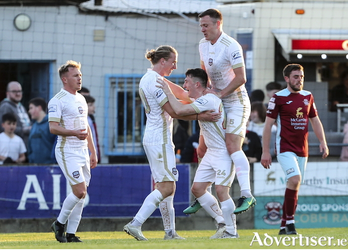 Galway United's Conor McCormack, David Hurley, Ed McCarthy, and Killian Brouder celebrate at St Colman's Park.