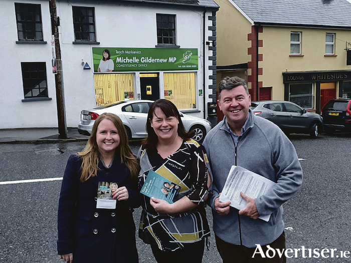 Michelle Gildernew MP, Mairead Farrell TD and Mark Lohan. pictured outside the Clogher office on the night of the election. 
