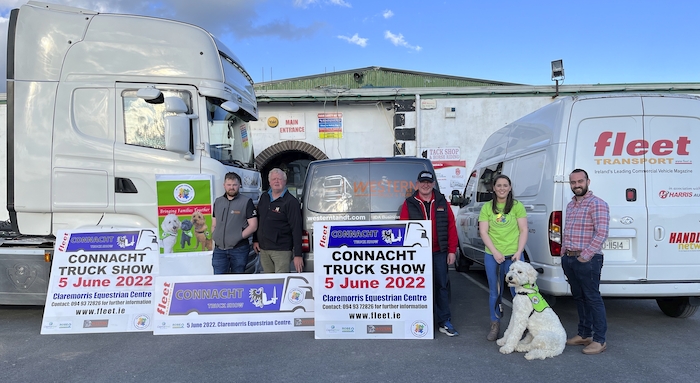 Pictured at the launch are Christopher Murphy, (Western Truck and Trailer); Charles Hanley, (Claremorris Equestrian Centre); Jarlath Sweeney (Fleet Transport Magazine); Aoife Conroy (My Canine Companion) and Danny Larkin (Daniel Larkin Transport), plus Archie