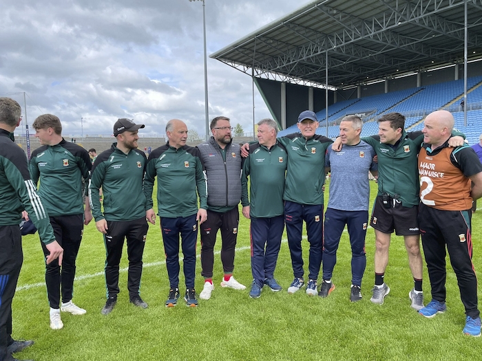 The men behind the team: The Mayo senior hurling backroom team celebrate together after booking their place in the Christy Ring Cup Final. Photo: Mayo GAA 