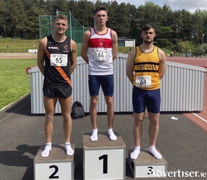 Galway City Harrier Robert McDonnell, winner of the 200m at the Irish Milers Club event in Belfast, with Marcus Lawler of Clonliffe, and Conor Morey of Leevale.