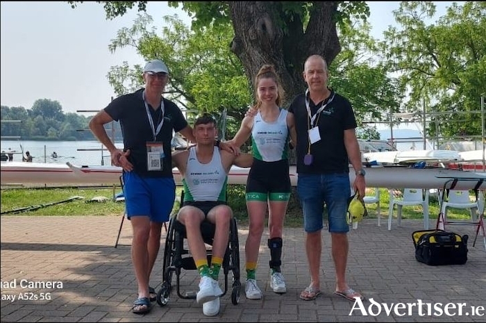 Galway's Para Olympians Katie O'Brien and Steve McGowan take part in their first international para regatta in Italy, with coaches Conor Moloney and Mike Gaffney.