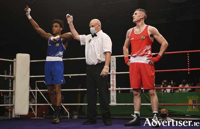Gabriel Dossen, Olympic Boxing Club, celebrates after winning an IABA National Elite Boxing Championships Finals in the National Stadium in Dublin last November.