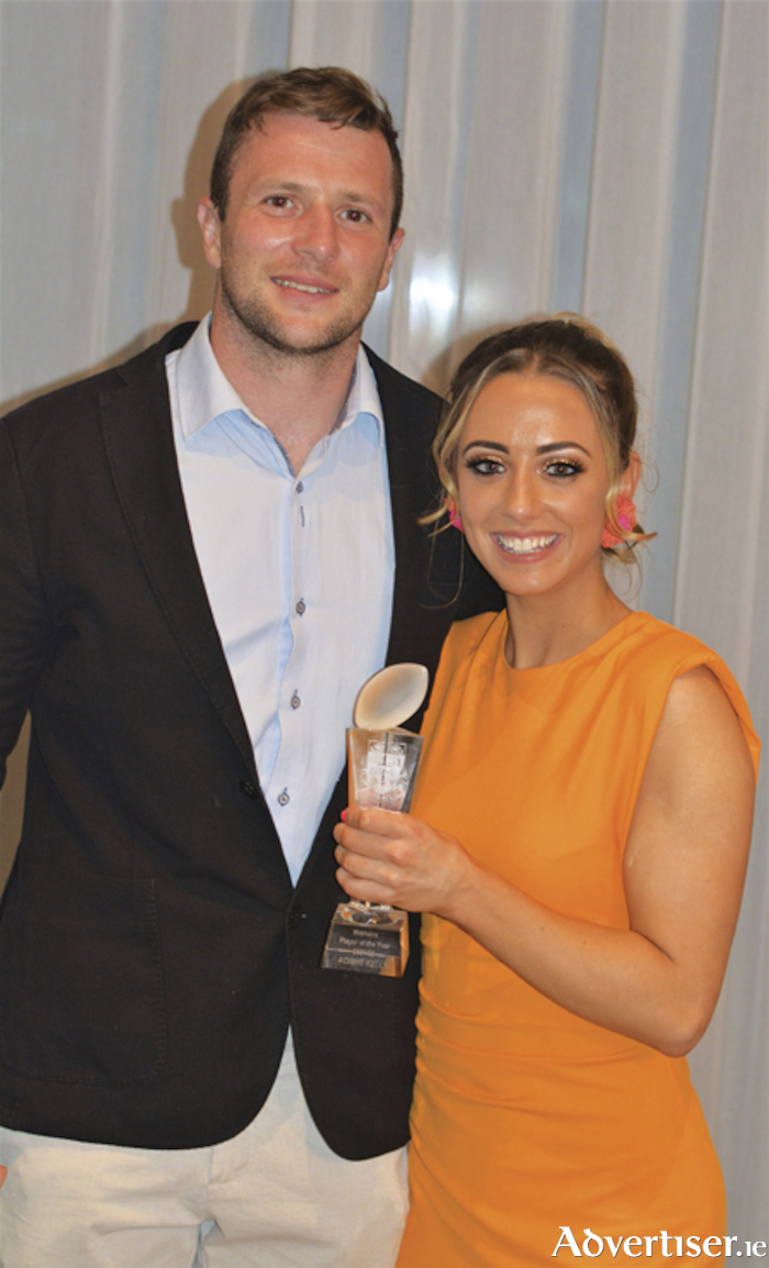 Buccaneers Women's 'Player of the Year' was awarded to Aoibhe Kelly who is pictured receiving her accolade from Connacht and Ireland rugby player, Jack Carty