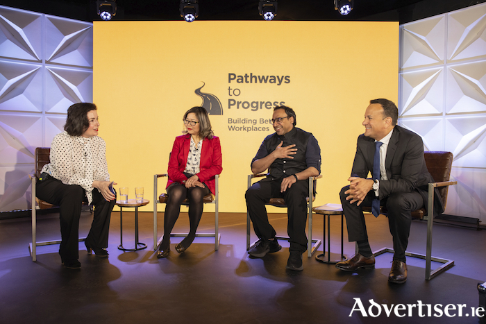 Picture shows from left Francesca McDonagh, Bank of Ireland CEO and Chair of Open Doors Initiative ; Alice Chau, Entrepreneur; Belal Farooqui, successful participant through ODI; and Tánaiste Leo Varadkar TD at the launch of Pathways to Progress (www.pathwaystoprogress.ie), the new migrant hub for employers and those seeking employment, a programme of the Open Doors Initiative, an organisation supporting marginalised groups to access further education, employment and entrepreneurship in Ireland. Pic: Naoise Culhane