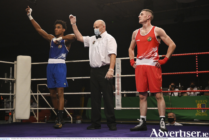 Gabriel Dossen, Olympic Boxing Club, celebrates after winning an IABA National Elite Boxing Championships Finals in the National Stadium in Dublin last November.