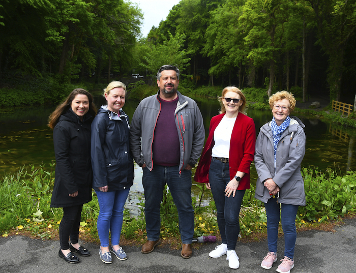  Kim Merrifield and Corina Deehan, (LEADER Development Officers), James Golden, (North Mayo LEADER Manager, Mayo North East), Annette Maughan (CEO Moyvalley Resources) and Cynthia Clampett (Chairperson, Belleek Woods Enhancement Committee). 
