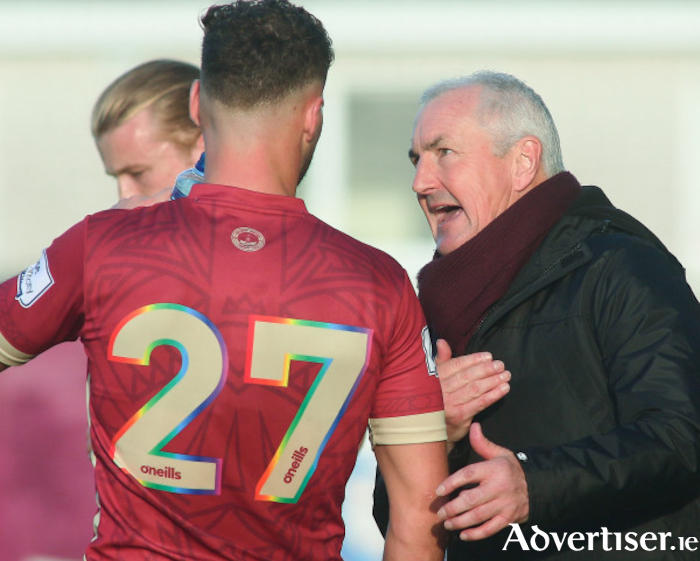 Galway United manager John Caulfield and Max Hemmings pictured at Eamonn Deacy Park. Photo:- Mike Shaughnessy