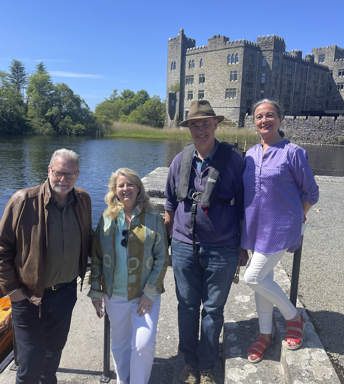 American travel journalist Peter Greenberg; Frank Costelloe, ghillie and boatmaker at Ashford Castle; Ruth Moran, Tourism Ireland and Paula Carroll, Ashford Castle, during filming at Ashford Castle.
