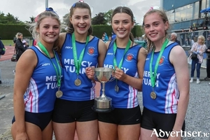 Mercy Tuam senior girls gold medal winners in the sprint relay at the Irish Schools&#039; Track and Field Championships:  Nicole Quirke, Abby Mahon, Aoibhin Costello and Alix Joyce.