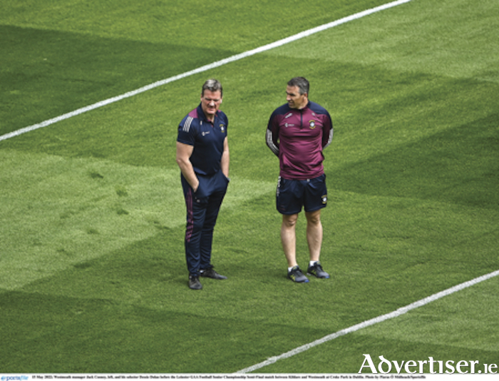Westmeath manager, Jack Cooney, in tactical discussion with selector, Dessie Dolan. The management team are now looking forward to a Tailteann Cup semi-final contest with Offaly in Croke Park on Sunday, June 19.  Photo by Piaras O Midheach/Sportsfile