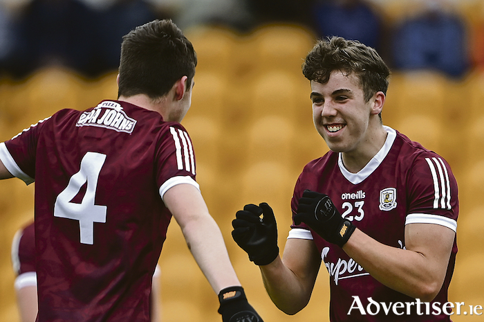 Reason to celebrate: Olan Kelly of Galway, right, and teammate Vinny Gill express their joy after victory over Dublin in the Electric Ireland GAA Football All-Ireland Minor Championship quarter-final at O'Connor Park in Tullamore, Offaly. Photo by Piaras  Madheach/Sportsfile