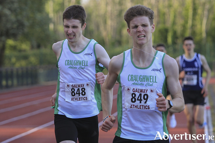 Kyle Moorhead of Craughwell AC just pips clubmate Jack Miskella for 800m gold. Photo: John O’Connor.