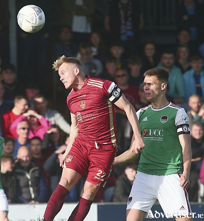 Conor McCormack, Galway United, and Cian Coleman, Cork City, in SSE Airtricity League first division action. Photo:-Mike Shaughnessy.