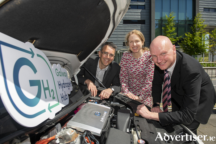 Pictured are representatives from the GH2 consortium including: John O’Sullivan, SSE Renewables’ Project Manager for GH2, Caoimhe Donnelly, Chief Sustainability Officer, CIÉ and Dr Rory Monaghan, Senior Lecturer of Energy Systems Engineering at NUI Galway. Photo:Andrew Downes, Xposure