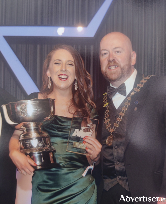 Kori Kilduff receives the award for ‘Best Comedienne’ in acknowledgement of her portrayal of Miss Sandra in Athlone Musical Society’s production of ‘All Shook Up’
